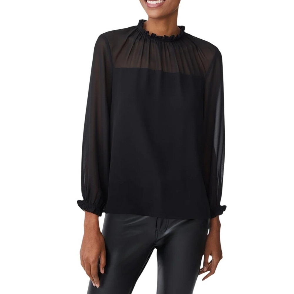 J.McLaughlin Black Sheer Yoke Ruffle Neck Blouse XL Long Sleeve Smocked Cuff